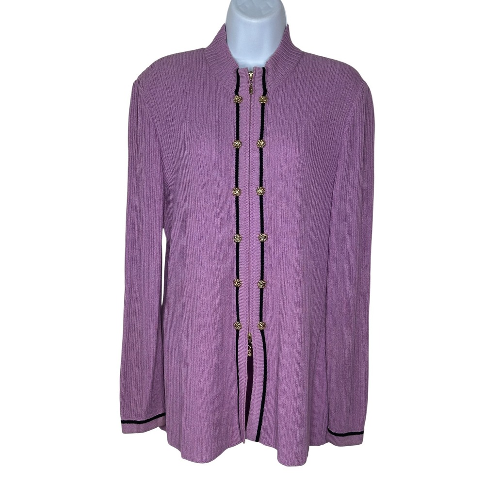 St. John Collection Cardigan 2 Purple Ribbed Zip Front Lion Button Santana Knit - Picture 2 of 8